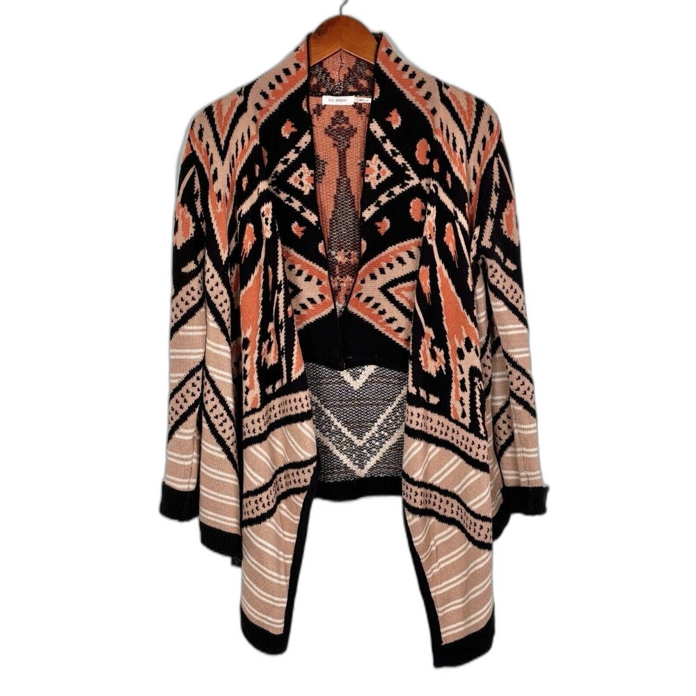Women's Southwestern Boho Black Rust Aztec Knit Waterfall Cardigan Size M